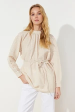 Trendyol Beige Belted Woven Seersucker Check Tunic