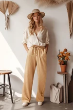 Trendyol Camel Straight Elastic Waist Laced Linen Look Trousers