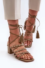 Low-heeled knotted sandals decorated with studs, green Chrisele