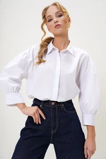 Trend Alaçatı Stili Women's White Balloon Sleeve Basic Poplin Shirt