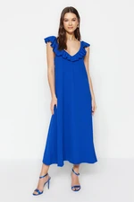 Trendyol Sax Ruffle Collar Detailed Pool Neck Midi Knitted Dress