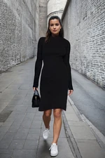 Trendyol Black Bodycon Slit Crew Neck Midi Elastic Ribbed Knit Pencil Dress