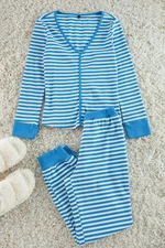 Trendyol Light Blue Striped Cuff and Piping Detailed Tshirt-Jogger Knitted Pajama Set