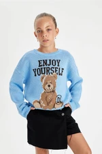 DEFACTO Girl Oversize Fit Wide Pattern Crew Neck Teddy Bear Patterned Knitwear Sweater