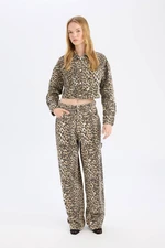 DEFACTO Gabardine Trousers Baggy Fit High Waist Leopard Patterned Standard Length