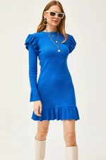 Olalook Women's Saxe Blue Ruffle Detail Raised Ribbed Dress