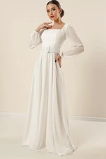 By Saygı Square Neck Belted Waist Lined Chiffon Long Evening Dress