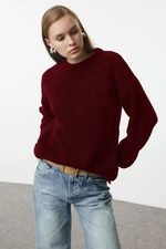 Trendyol Claret Red Wide Pattern Ribbed Crew Neck Knitwear Sweater