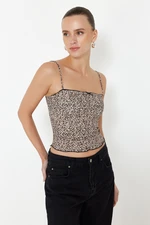 Trendyol Brown Leopard Printed Strappy Crop Super Stretch Knitted Blouse