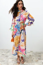 Trendyol Multicolored Grand Collar Drawstring Gathered Detailed Abstract Woven Dress