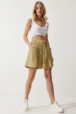 Happiness İstanbul Women's Beige Belted City Length Woven Shorts