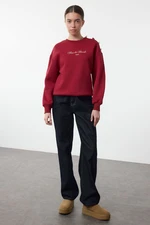 Trendyol Claret Red Slogan Button Detailed Regular Fit Thick Polar Fleece Knitted Sweatshirt