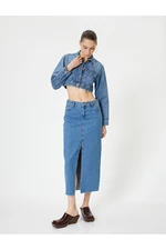 Koton Long Denim Skirt with Front Slit Detail, High Waist, Pocket, Comfortable Fit