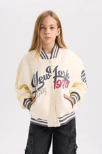 DEFACTO Girls Slogan Printed College Collar Bomber Thick Sweatshirt Fabric Soft Fluffy Inside Cardigan