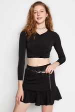 Trendyol Black Slim Shromážděná detailní Crop Elastická Pletená Halenka