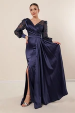 By Saygı Navy Blue Double Breasted Collar Sleeve Tulle Glitter Embroidered Front Pleated Lined Long Satin Dress