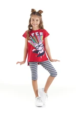 Mushi Super Cat Girl Kid's Red T-shirt, Gray Leggings Summer Suit.