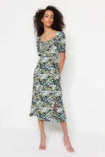 Trendyol Yellow A-Cut Midi Woven Viscose Patterned Woven Dress