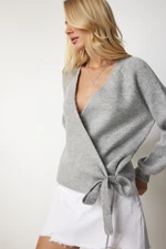 Happiness İstanbul Women's Gray Wrapover Collar Knitwear Cardigan