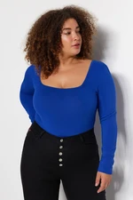 Trendyol Curve Blue Square Collar Additional Features Not Available, Single Jersey Plus Size Bodycon.