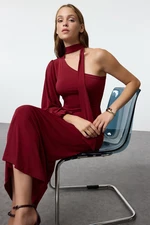 Trendyol Claret Red Plain Tie Detail Midi Scarf Detail Fitted/Fits Body Flexible Knit Dress