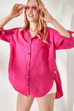 Olalook Women's Fuchsia Side Button Detailed Oversize Woven Shirt