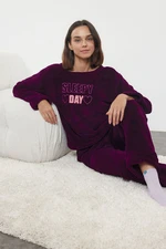 Trendyol Wellsoft Winter Knitted Pajamas Set with Plum Slogan and Heart