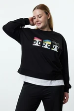 Trendyol Curve Black Powerpuff Girls Licensed Crew Neck Knitted Plus Size Sweatshirt