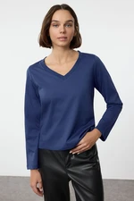 Trendyol Saks 100% Cotton Regular/Normal Fit Basic V-Neck Long Sleeve Knitted T-Shirt