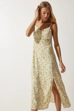 Happiness İstanbul Women's Cream Yellow Strappy Patterned Viscose Dress