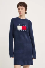 Šaty z vlněné směsi Tommy Jeans tmavomodrá barva, mini, oversize, DW0DW18719