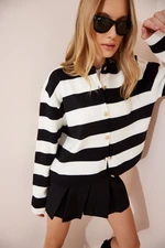 Happiness İstanbul Women's Black Ecru Crew Neck Striped Knitwear Cardigan