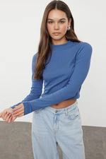 Trendyol Indigo Faded Effect Fitted/Fits the Body Crop Stand Collar Elastic Knitted Blouse