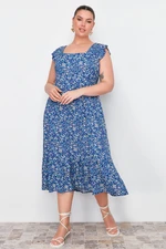 Trendyol Curve Navy Blue A-Line Midi Ruffled Floral Patterned Woven Dress