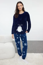 Trendyol Navy Blue Animal and Winter Patterned Wellsoft Winter Knitted Pajama Set