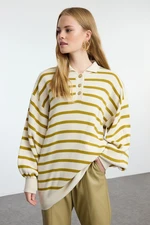 Trendyol Oil Green Striped Balloon Sleeve Polo Neck Knitted Sweater