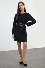 Trendyol Black Plain Pleated Lined Shift Mini Boat Neck Flexible Knit Dress