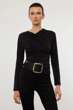 Trendyol Black Drape Detailed Fitted Long Sleeve Stretchy Knitted Blouse