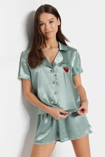 Trendyol Mint Embroidered Satin Shirt-Short Woven Pajamas Set