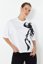 Trendyol White 100% Cotton Ribbon Printed Oversize/Wide Fit Crew Neck Knitted T-Shirt