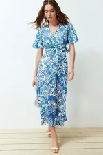 Trendyol Blue Floral Double Breasted Viscose Midi Woven Dress