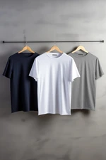 Trendyol Navy-Grey Melange-White Basic Slim/Slim Fit 100% Cotton 3 Pack Short Sleeve T-Shirts