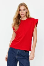Trendyol Červené 100% Bavlněné Prošívané Základní Pletené Tričko s Kulatým Výstřihem