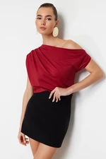 Trendyol Claret Red Regular/Normal Fit Asymmetric Collar Zero Sleeve Stretch Knitted Blouse