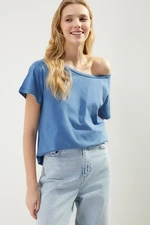 Trendyol Indigo 100% Cotton Boyfriend Boat Neck Knitted T-Shirt