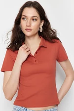 Trendyol Cinnamon Polo Collar Buttoned Short Sleeve Stretchy Ribbed Knitted Blouse