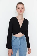 Trendyol Black Knot Detailed Crepe/Textured Crop Knitted Blouse