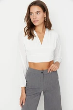 Trendyol White Draping Detail Fitted/Simple V-Neck Crop, Flexible Knitted Blouse