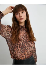 Koton Chiffon blouse Leopard Patterned Draped Collar Balloon Sleeve