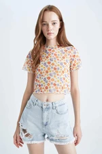 DEFACTO Slim Fit Crew Neck Floral Pattern Short Sleeve T-Shirt